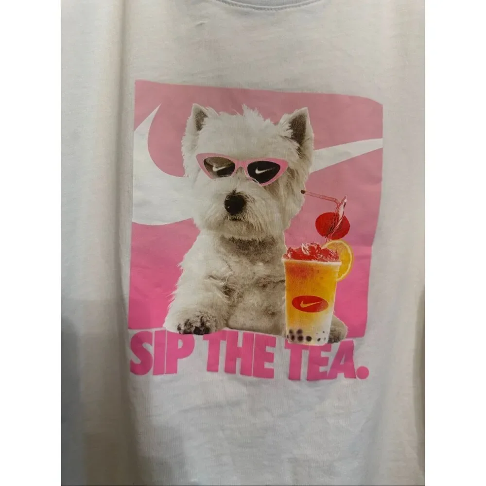 The Nike Tee Girls' Sip The Tea Loose Fit Crew Neck Graphic T-Shirt White Large
